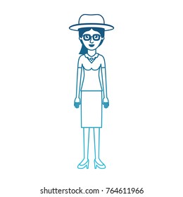 woman with hat and glasses and blouse with skirt and heel shoes with ponytail hair in degraded blue silhouette
