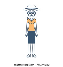 woman with hat and glasses and blouse with skirt and heel shoes with ponytail hair in color sections silhouette
