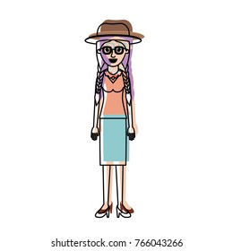 woman with hat and glasses and blouse and skirt and heel shoes with braided hair in watercolor silhouette