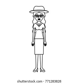 woman with hat and glasses and blouse and skirt and heel shoes with long wavy hair in monochrome silhouette