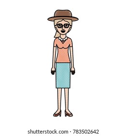 woman with hat and glasses and blouse with skirt and heel shoes with ponytail hair in colored crayon silhouette