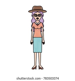woman with hat and glasses and blouse and skirt and heel shoes with long wavy hair in colored crayon silhouette