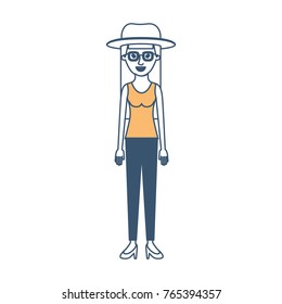 woman with hat and glasses and blouse sleeveless and pants and heel shoes with long straight hair in color sections silhouette