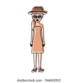 woman with hat and glasses and strapless dress and heel shoes with pigtail hairstyle in watercolor silhouette
