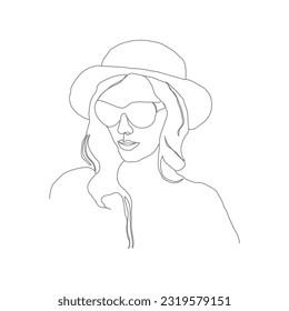 A woman in a hat and glasses. A template in the style of a continuous line. Layout for thematic design
