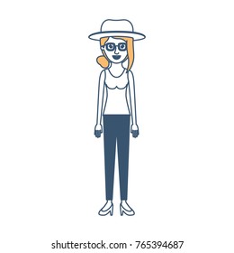 woman with hat and glasses and t-shirt sleeveless and pants and heel shoes with collected hair and fringe in color sections silhouette