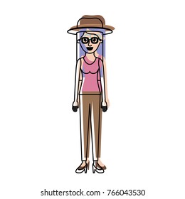 woman with hat and glasses and t-shirt sleeveless and pants and heel shoes with long straight hair in watercolor silhouette