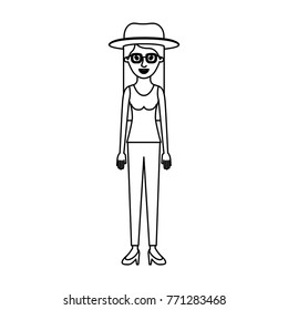 woman with hat and glasses and t-shirt sleeveless and pants and heel shoes with long straight hair in monochrome silhouette