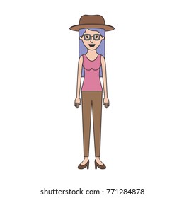 woman with hat and glasses and t-shirt sleeveless and pants and heel shoes with long straight hair in colorful silhouette