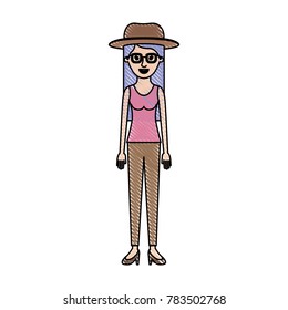 woman with hat and glasses and t-shirt sleeveless and pants and heel shoes with long straight hair in colored crayon silhouette
