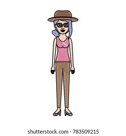 woman with hat and glasses and t-shirt sleeveless and pants and heel shoes with collected hair and fringe in colored crayon silhouette