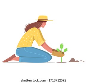 Woman in hat and gloves plants seedlings in the ground. Vector illustration.