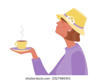 Woman in hat holding the cup of hot drink.Vector isolated illustration 