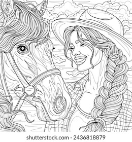 A woman in a hat and a horse.Coloring book antistress for children and adults. Illustration isolated on white background. Hand draw