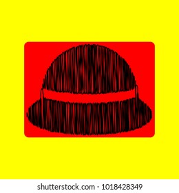 Woman hat icon. Vector. Black scribble icon in red container with rounded corners at yellow background. Isolated.