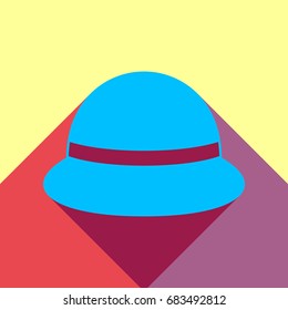 Woman hat icon. Vector. Deep sky blue icon with two flat violet and raspberry semitransparent shadows on canary background.