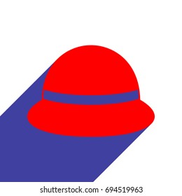 Woman hat icon. Vector. Red flat style icon with dark blue long shadow on white background.