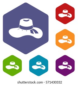 Woman hat icons set rhombus in different colors isolated on white background