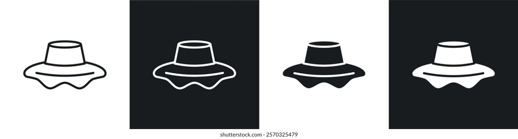 Woman hat icons vectors set in black. line and flat versions