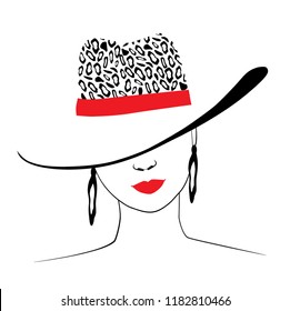 Woman in hat with leopard print and red ribbon. Red lips charm. Ears jewellery. Fashion illustration. Vector.
