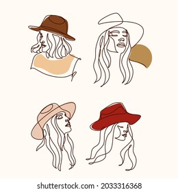 Woman in hat Line art collection. Minimalist portrait of female with abstract pastel shape for a logo, emblem or web banner. Beauty boho modern illustration. Cosmetic logo