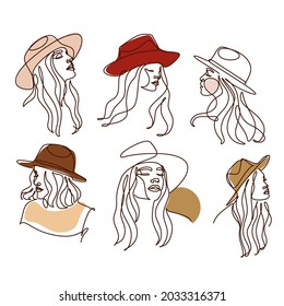 Woman in hat Line art collection. Minimalist portrait of female with abstract pastel shape for a logo, emblem or web banner. Beauty boho modern illustration. Cosmetic logo