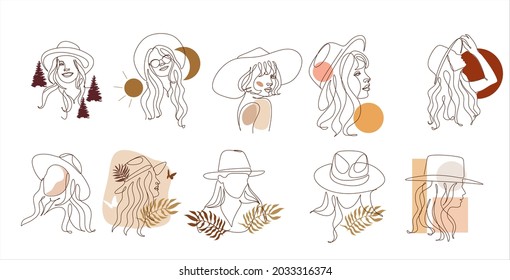 Mujer en esa colección de arte de Line. Retrato minimalista de hembra con forma pastel abstracta para un logotipo, emblema o banner web. La belleza es una ilustración moderna. Logo cosmético