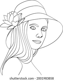 Woman with a hat. Line art female hands with a phone. Abstract face with flowers one line vector drawing. Portrait in a minimalistic style. Botanical print. Cosmetics nature symbol.