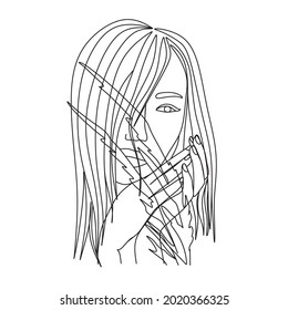 Woman with hat. Line art female hands with flowers. Abstract face with flowers  by one line vector drawing. Portrait minimalistic style. Botanical print. Nature symbol of cosmetics