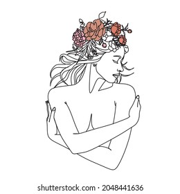 Woman with hat. Line art female hands with flowers. Abstract face with flowers  by one line vector drawing. Portrait minimalistic style. Botanical print. Nature symbol of cosmetics