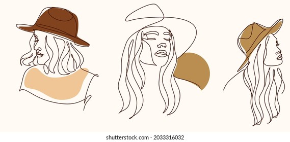 Woman in hat line art. Minimalist portrait of female with abstract pastel shape for a logo, emblem or web banner. Beauty boho modern illustration. Abstract image of a woman with spots.