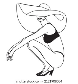 Woman in a hat line art. Modern continuous line art. Woman sitting at the beach with bikini. Linear art of a girl in a bathing suit. Vector illustration