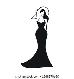 Woman in a hat in a long black evening dress. Vector illustration on a white background