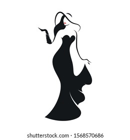 Woman in a hat in a long black evening dress. Vector illustration on a white background