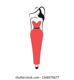 Woman in a hat in a long red evening dress. Vector illustration on a white background