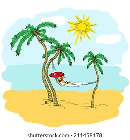 Woman with hat lying in a hammock. Illustration. Doodle
