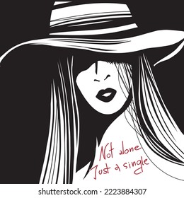 Woman in a hat. manual drawing. Singles' day manifestation. black and white tshirt design. Hand drawn vector. 