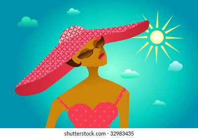 The woman in a hat on a background of the sky with clouds and the sun