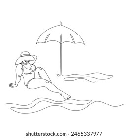 Woman in a hat on the beach in one line, an umbrella from the sun, body positive.