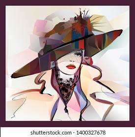 Woman with hat on colorful background - vector illustration