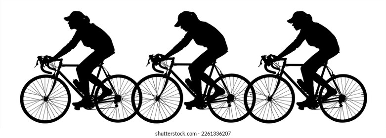 A woman with a hat on her head, and a girl in a cap, sit astride a bicycle. A group of cyclists on bikes. Bicycle. Ride a bicycle. Side view, profile. Three black female silhouettes isolated on white