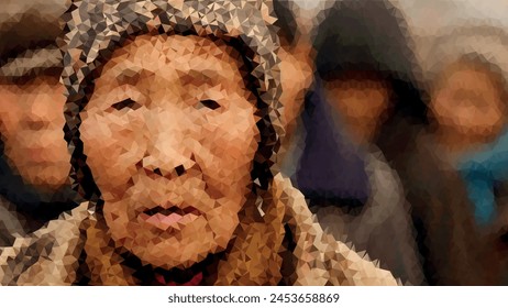 A woman with a hat on her head is the main focus of the image. The other people in the background are blurry, but they are all wearing hats. The image has a vintage feel to it