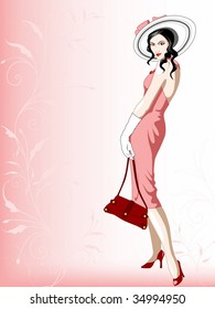 The woman in a hat on a pink background with a decorative pattern