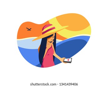 Woman with hat play around with her phone on the beach illustration using chill red dress vector isolated