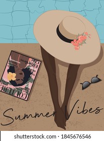 Woman with hat in the pool with sunglasses and fashion magazine - Summer vibes slogan print for girl tee / t shirt and poster