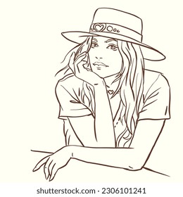 Woman in hat posing vector for card, decoration, illustration