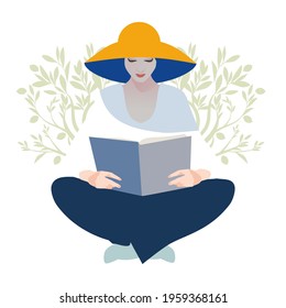 Woman with hat reading a book, sitting relaxed summery atmosphere. Olive branches in the background.