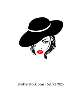 Woman in hat with red lips. Long hair style icon, logo women face on white background, vector