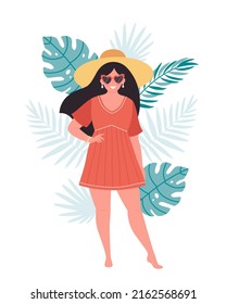 Woman In Hat And Retro Glasses On Tropical Leaves Background. Hello Summer, Summertime, Vacation. Hand Drawn Vector Illustration