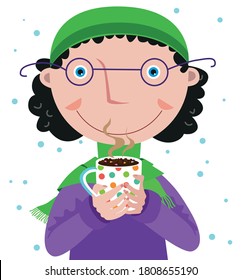 Woman in a hat and scarf holding cups of hot chocolate
